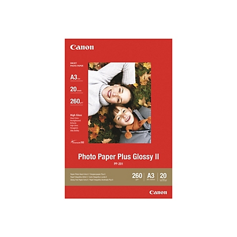 Canon Fotopapier A3 Packung mit glänzendem Finish und Bild einer lachenden Frau und eines Kindes im Laub.
