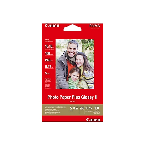 Verpackung von Canon Pixma Photo Paper Plus Glossy II im Format 10x15cm, 100 Blatt.
