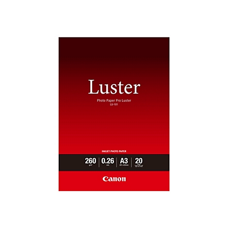 Verpackung von Canon Photo Paper Pro Luster LU-101, A3-Format, 260 g/qm, 20 Blatt.