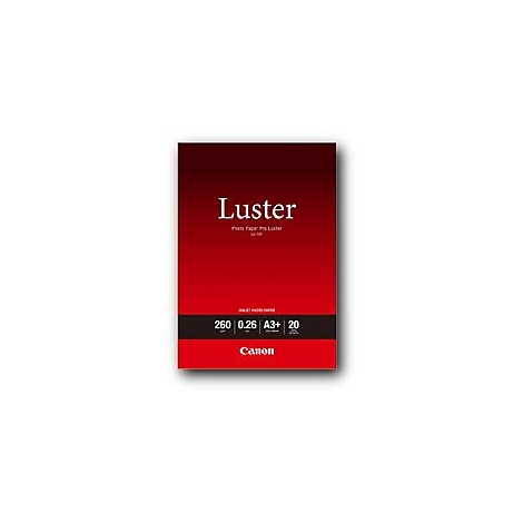 Canon Photo Paper Pro Luster auf rotem Hintergrund mit Produktinformationen wie A3+, 260g und 20 Blatt.