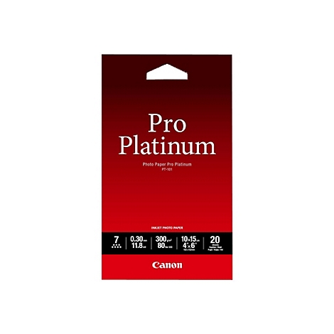 Rote Canon Pro Platinum Fotopapier-Verpackung mit technischen Spezifikationen und Logo.