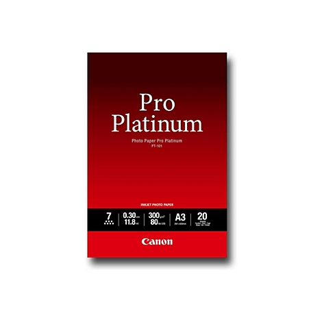 Canon Pro Platinum Fotopapier, Größe A3, 300 g/qm, 20 Blatt, auf dunkelrotem Hintergrund.