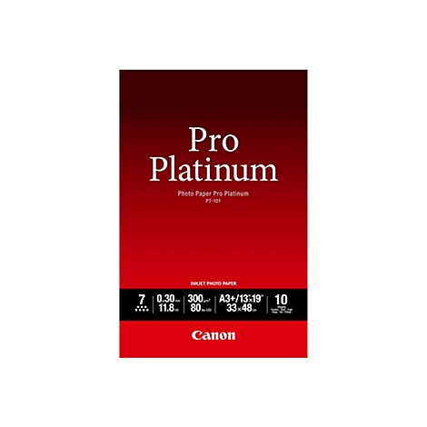 Canon Pro Platinum Fotopapier Verpackung, A3+ Format, 300g/m2, 10 Blatt, dunkelrotes Design.