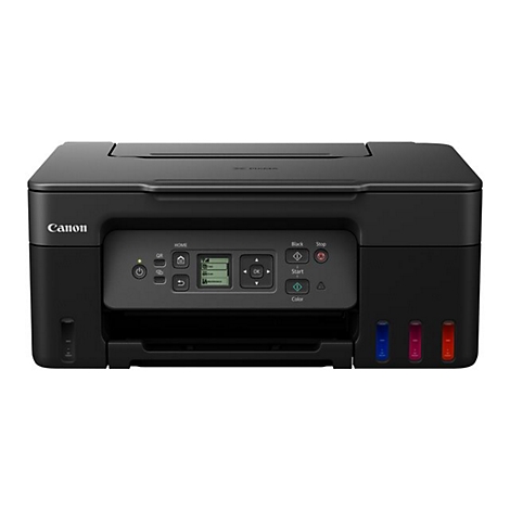 Ein schwarzer Canon-Multifunktionsdrucker. Auf der Vorderseite befinden sich ein Bedienfeld, Tintentanks und Knöpfe.