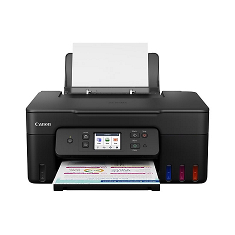 Schwarzer Canon-Drucker mit Papierausgabe. Farbdruck in Betrieb, Papierausgabe mit Diagrammen.