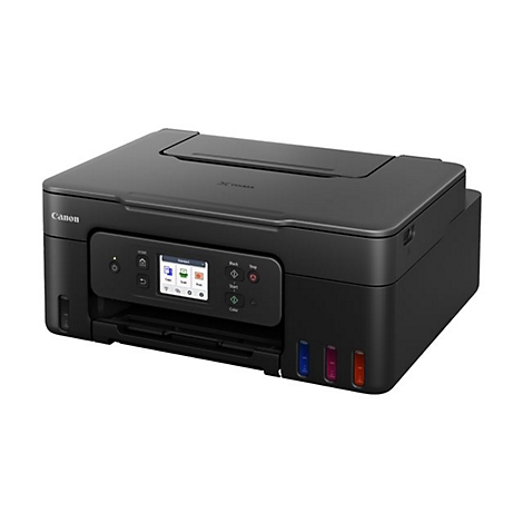 Schwarzer Canon Pixma Drucker. Farbige Tintenpatronen. Bedienfeld mit Touchscreen und Tasten.