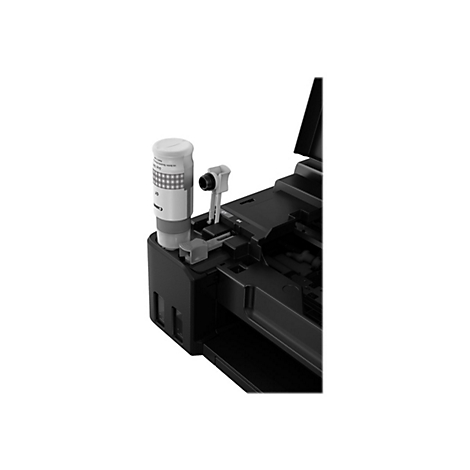 Detailaufnahme eines schwarzen Druckers. Eine Tinteflasche ist im FÃ¼llschacht eingesetzt.