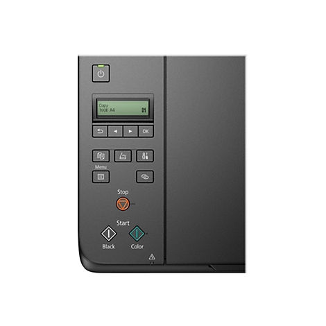 Detailaufnahme einer schwarzen Druckerbedienoberfläche mit Display, Bedientasten und Druckstartknöpfen.