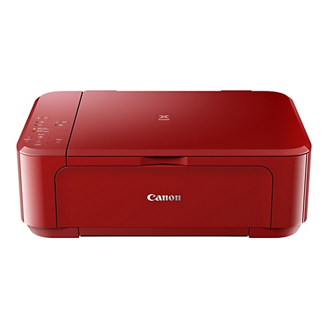 Rote Canon Pixma Drucker. Oberhalb Knöpfe und Symbole. Unten steht Canon.
