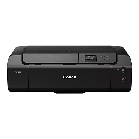 Schwarzer Canon Drucker, Modell PRO-200, mit Bildschirm und Bedienknöpfen.