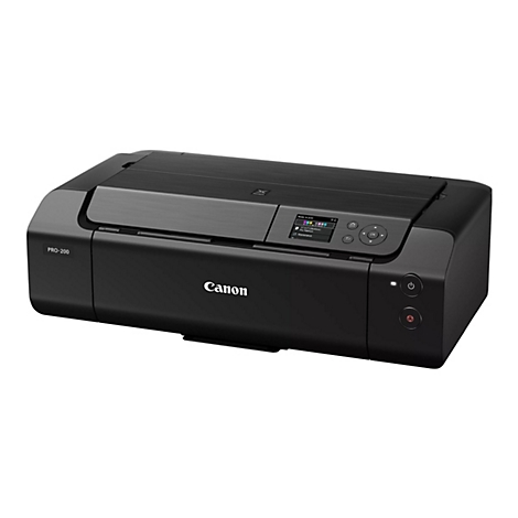 Schwarzer Canon Drucker PRO-200, auf weißem Hintergrund, mit einem Farbbildschirm und Bedientasten.