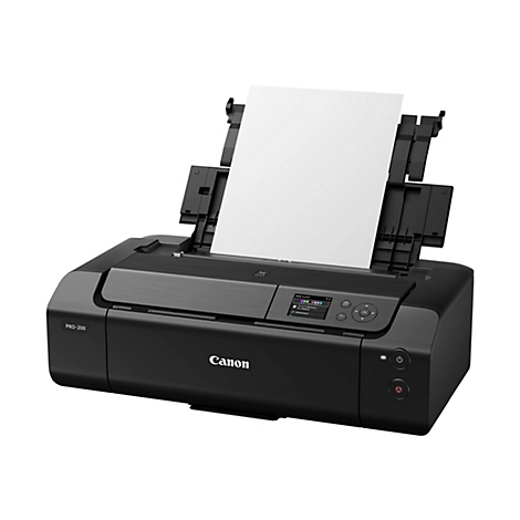 Ein schwarzer Canon PRO-200 Drucker mit offenem Papierfach. Ein weißes Blatt Papier liegt darin.