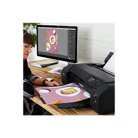 Eine Frau druckt ein Bild mit Essen auf einem Canon-Drucker, das auf einem Monitor entworfen wurde.