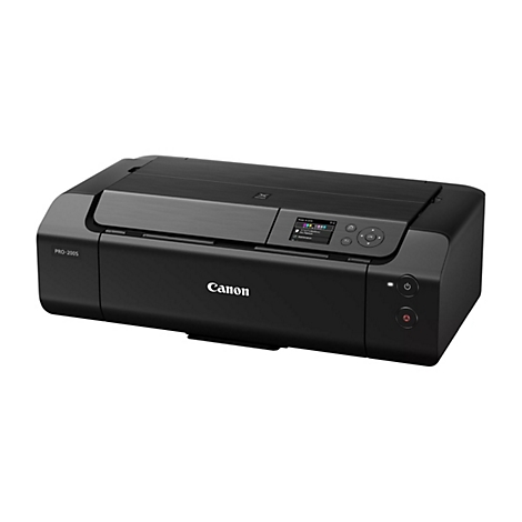 Schwarzer Canon Drucker, Modell Pro-200S, mit Display und Bedienknöpfen. "Canon"-Logo. Gerät auf weißem Hintergrund.