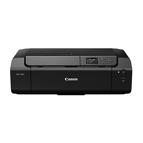 Schwarzer Canon PRO-200S Drucker, Detailansicht mit Bildschirm, Knöpfen und Canon-Logo.