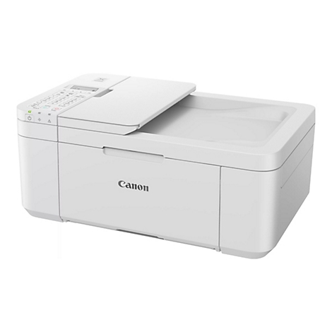 Weißer Canon Multifunktionsdrucker, der leicht von oben geöffnet ist. Auf der Bedienoberfläche befinden sich Knöpfe und ein kleines Display.