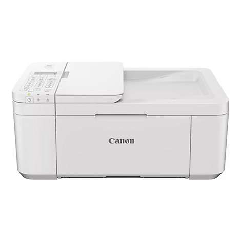 Weißer Canon Pixma Drucker. Vorne ist das Canon Logo zu sehen. Auf der Oberseite befinden sich ein Scanner und ein Bedienfeld mit Knöpfen.