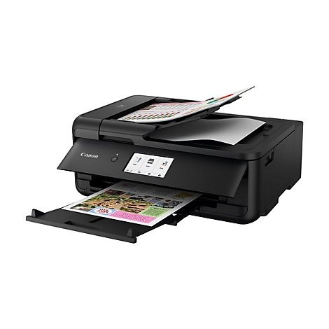 Schwarzer Canon Drucker mit offenem Fach, Papierausgabe und geöffnetem Deckel.