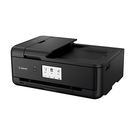 Schwarzer Canon Drucker mit Touchscreen. Auf dem Display werden Symbole für Kopieren, Scannen und Drucken angezeigt.