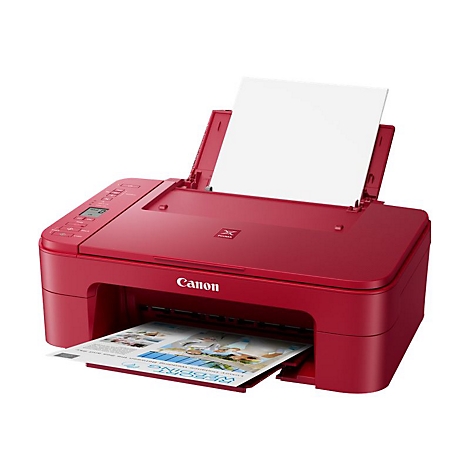 Roter Canon-Drucker mit ausgedrucktem Blatt und leerem Papier. Der Drucker hat das Logo und den Schriftzug Canon.