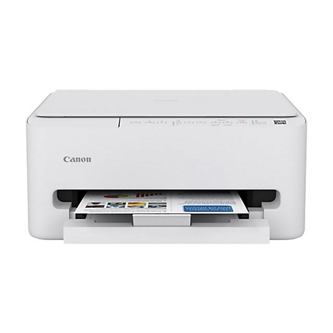 Weißer Canon-Drucker mit ausgedrucktem Dokument im Ausgabefach. Oben befinden sich Bedienknöpfe.