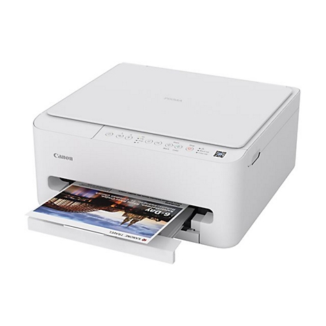Ein weißer Canon Pixma-Drucker druckt ein Farbfoto. Das Foto zeigt eine Stadtansicht mit Schriftzug.