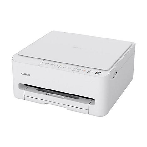 Weißer Canon Pixma Drucker von oben und leicht schräg aufgenommen. Auf der Oberseite befinden sich Bedienknöpfe.
