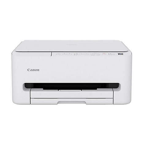Weißer Canon-Drucker, Frontansicht. Bedienfeld mit Knöpfen. Papierzufuhr geöffnet.