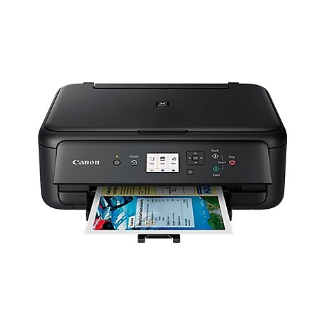 Schwarzer Canon-Drucker druckt Papier. Bedienfeld, Papierausgabe und Canon-Logo sichtbar.