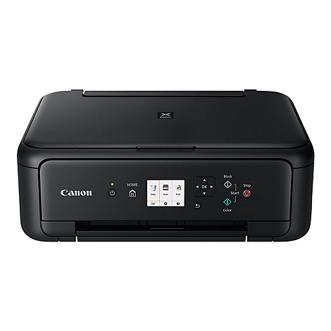 Schwarzer Canon Drucker, Vorderansicht, mit Bedienfeld, Power-Taste, Home-Taste, Scan, Drucken, Start und Stopp.
