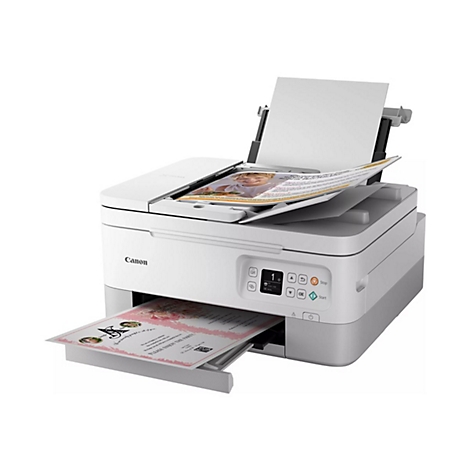 WeiÃŸer Canon Drucker beim Drucken von Dokumenten. Papierausgabe und Scanner geÃ¶ffnet.