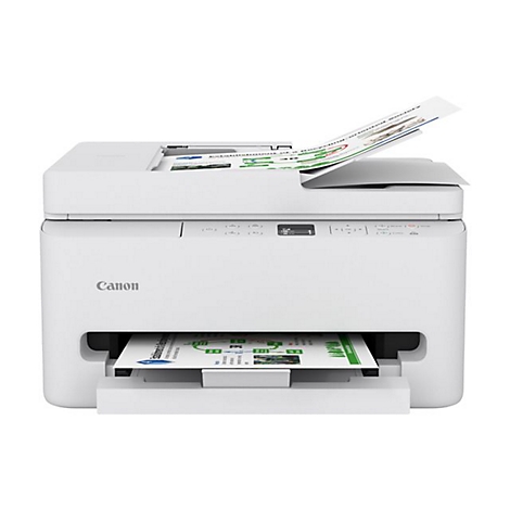 Weißer Canon-Multifunktionsdrucker, der Dokumente druckt. Papiere kommen aus zwei Ausgabefächern.