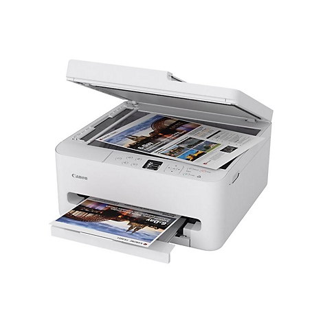 Weißer Drucker mit geöffnetem Deckel, bedruckte Papiere innen und ausgegeben. Der Text auf dem Papier lautet "6-Day".