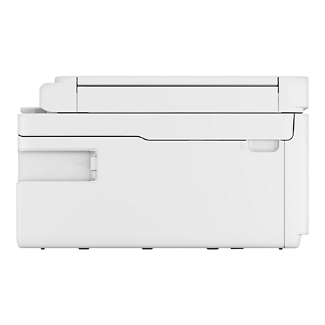 Vue de côté d'une imprimante blanche avec port USB, alimentation et bacs de sortie papier.