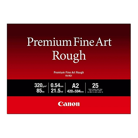 Canon Premium Fine Art Rough Papierverpackung in Dunkelrot mit technischen Spezifikationen wie 320g/qm und A2.