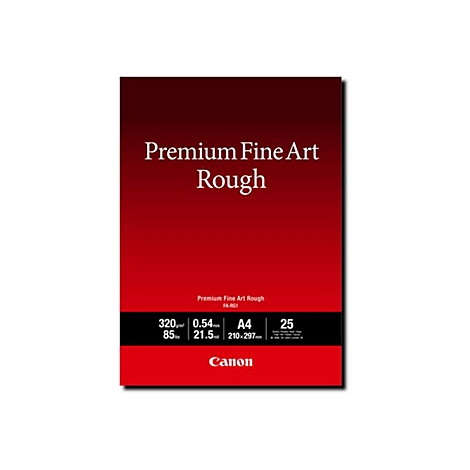 Produktverpackung Premium Fine Art Rough Papier von Canon, rot mit technischen Spezifikationen in einem schwarzen Balken.