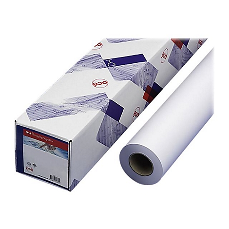 Eine Océ-Papierrolle für Plotter neben der dazugehörigen weißen Verpackung mit blauem Muster.