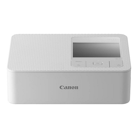 Weißer Canon Selphy CP1500 Fotodrucker in Frontansicht vor neutralem Hintergrund.