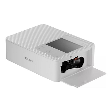 Weißer Canon SELPHY CP1300 Fotodrucker mit geöffneter Klappe für Papier. Auf der Oberseite ein kleines Display und Tasten.