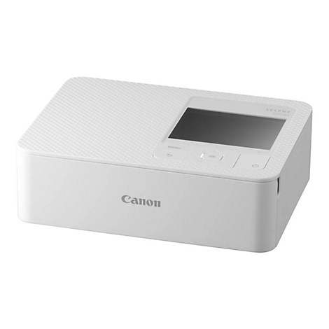 Weißer Canon Selphy CP1500 Fotodrucker mit Bildschirm und Tasten. Oberfläche strukturiert, mit Canon-Logo.