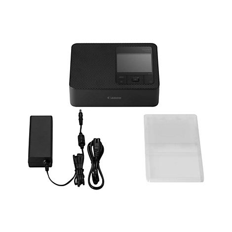 Schwarzer Fotodrucker, Netzteil, Kabel und SchutzhÃ¼lle auf weiÃŸem Hintergrund. Oben: Display und Tasten, Canon-Logo.