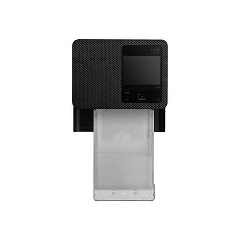Schwarzer Drucker mit Display und Papierschacht, vor weiÃŸem Hintergrund. Das Display zeigt Informationen an.