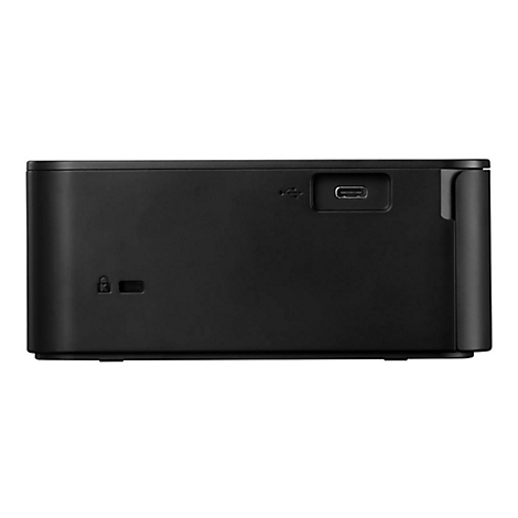 Appareil rectangulaire noir avec port USB-C et interrupteur de sécurité.