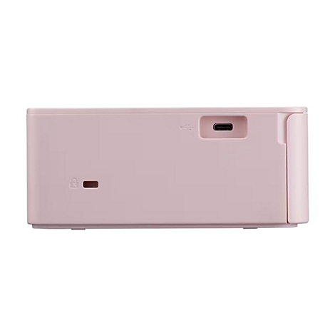 Vue latérale d'une imprimante rose clair. Bord supérieur avec port USB-C, en dessous une fente rectangulaire et un symbole de cadenas.