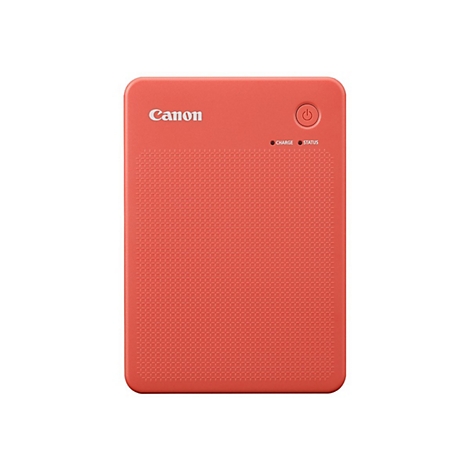 Imprimante Canon rectangulaire de couleur corail. Le haut comporte un logo, un bouton marche/arrêt, des indicateurs de charge et d'état.