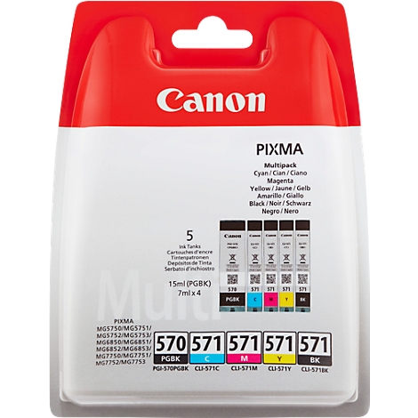 Canon PIXMA Multipack Tintenpatronen. Fünf Patronen, schwarz, cyan, magenta und gelb, in einer Verpackung. Schwarzer Hintergrund, roter Rahmen.