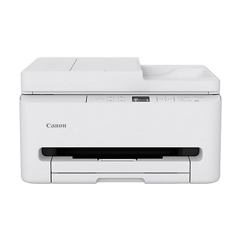 Imprimante Canon blanche sur fond blanc. Bac d'impression en bas, panneau de commande en haut, logo Canon à gauche.