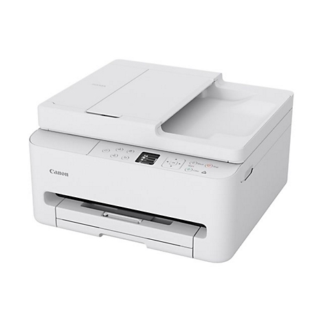 Imprimante multifonction Canon blanche. Il y a un bac ouvert sur le dessus. Il y a une alimentation papier à l'avant.