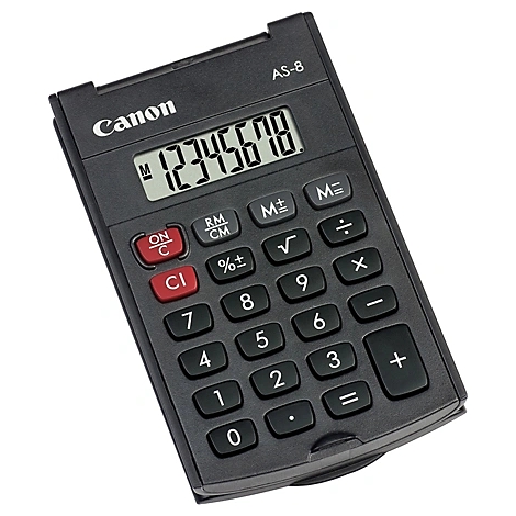Schwarzer Taschenrechner mit Display, Canon-Logo, Tasten mit Zahlen und Funktionen, Ziffernanzeige: 12345678.