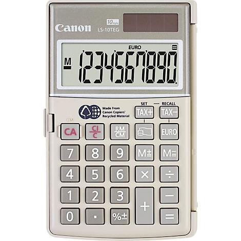 Beige Canon-Taschenrechner mit blauer Schrift. Auf dem Display: 1234567890. Zahlentasten und Funktionen wie TAX+ oder EURO.